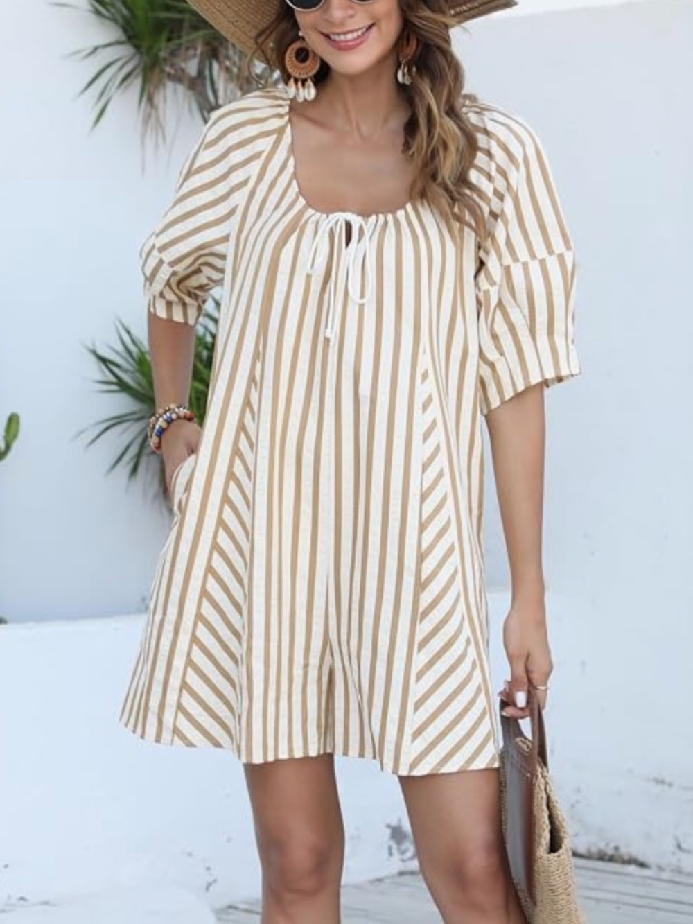 Amazon Bop Around Romper Striped Loose Puff short Sleeve beige tie front bow